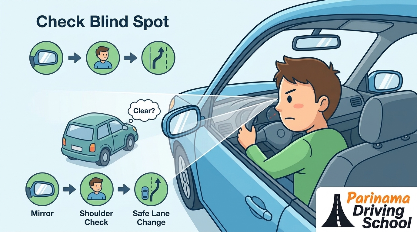 A driving instructor demonstrating blind spot checking techniques in a car