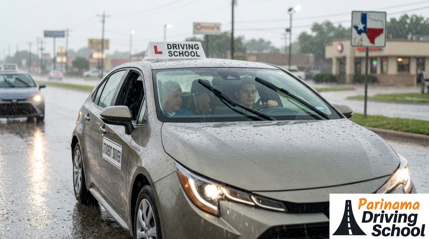 A driver cautiously navigating a road during heavy rain, highlighting safe driving techniques.