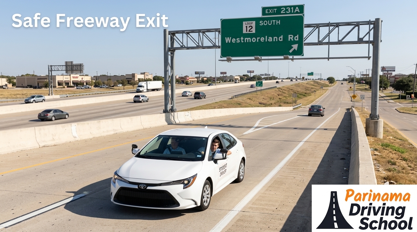 A driver safely exiting a freeway with clear signage and road markings