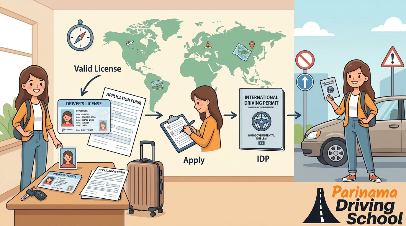 A person holding an International Driving Permit with a car in the background.