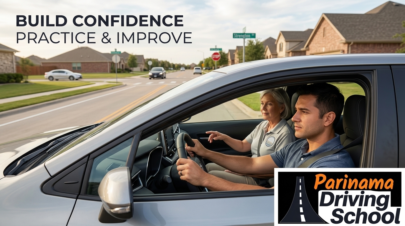 A student practicing driving with an instructor, showing determination and focus.