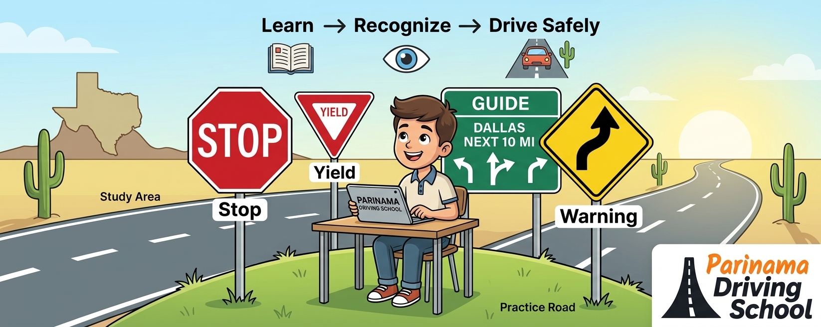 A student studying road signs for the Texas driving test.