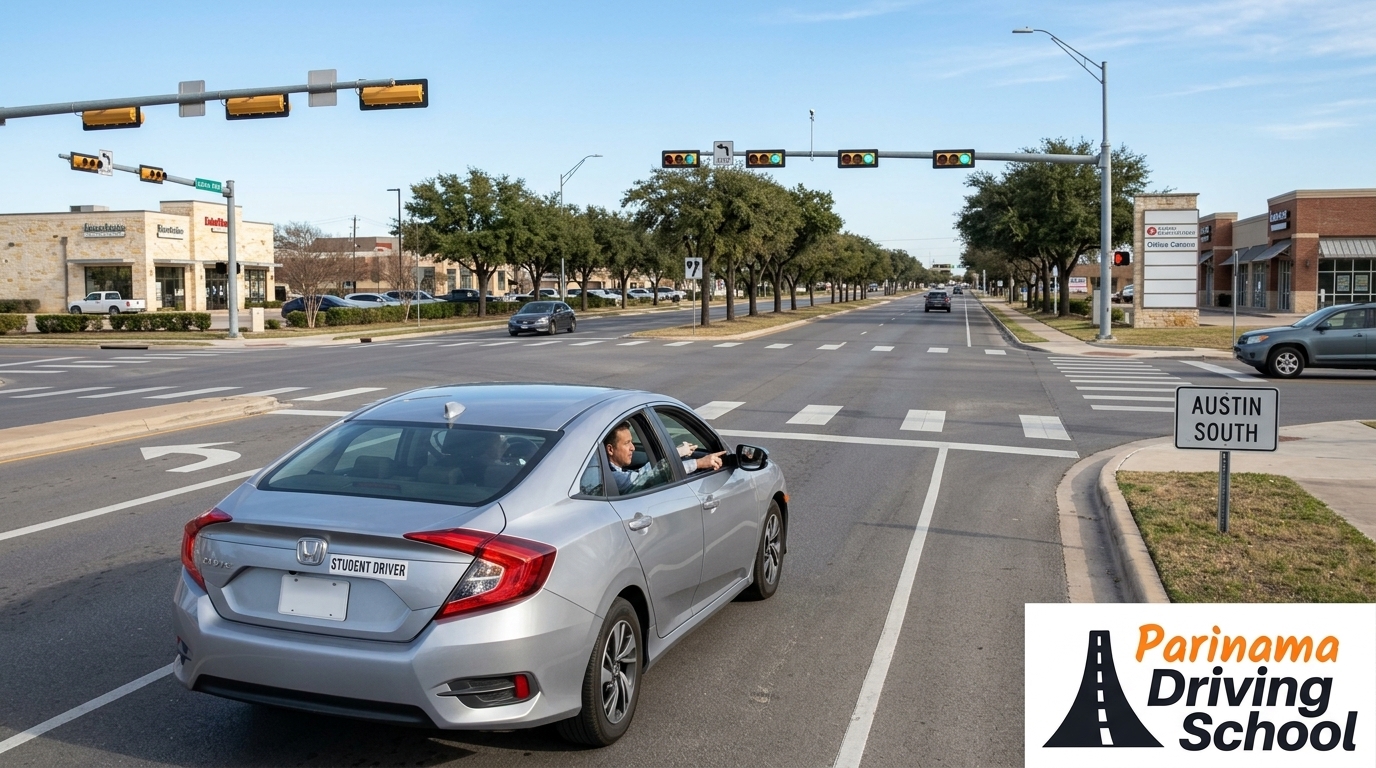 A road test location sign for Austin South at Ben White with a clear sky background.