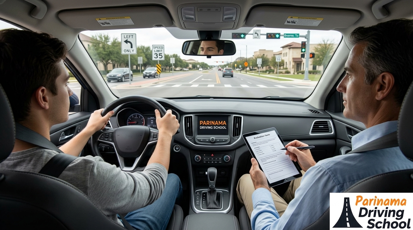 A student preparing for their driving test at Parinama Driving School in Boerne