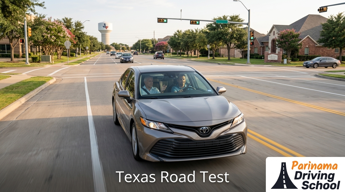A driving instructor giving guidance during a Texas road test for adults