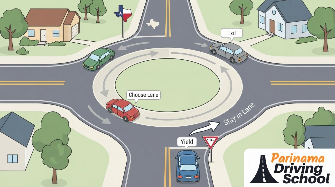 A driver carefully navigating a two-lane Texas roundabout.