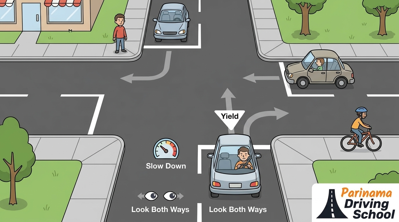 A driver navigating an uncontrolled intersection safely and confidently