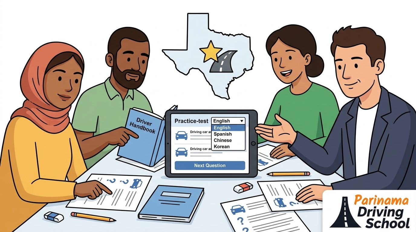 A diverse group of individuals preparing for the Texas permit test in various languages.