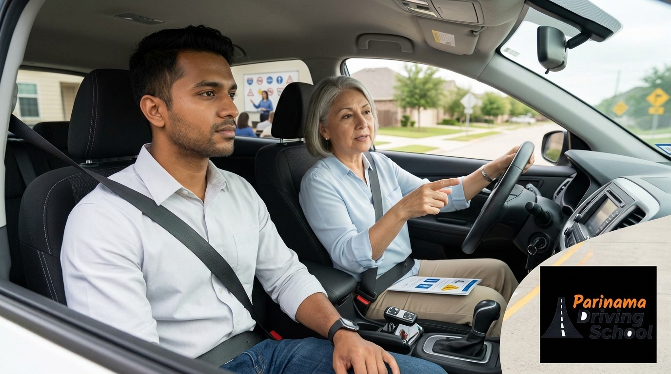 An adult in a driving school car with an instructor in Texas.