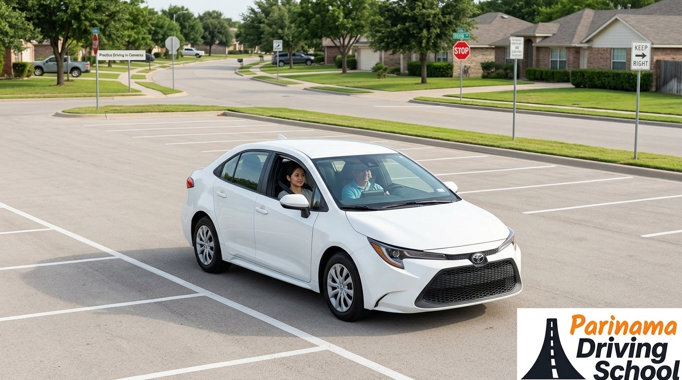 A scenic view of a quiet residential street ideal for driving practice.