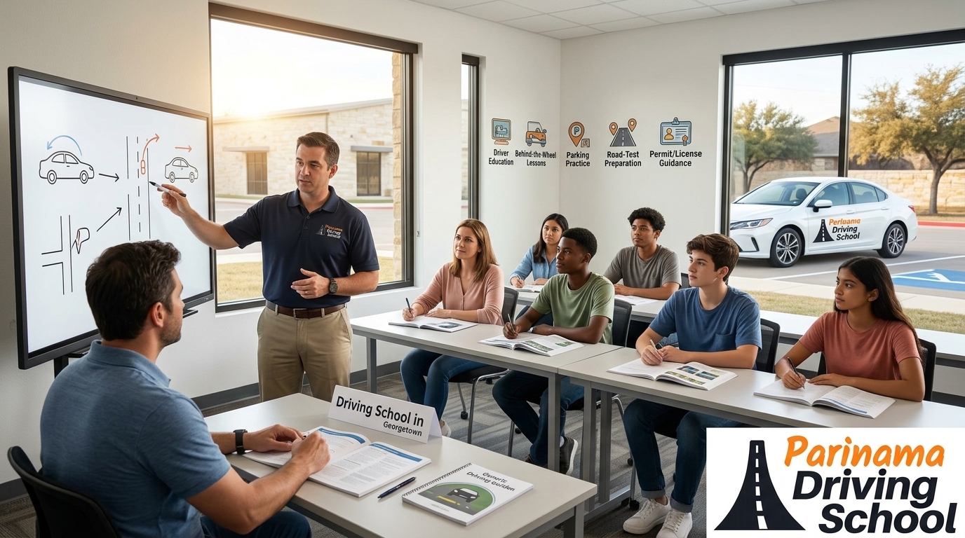 An image of students learning to drive at Parinama Driving School in Georgetown.