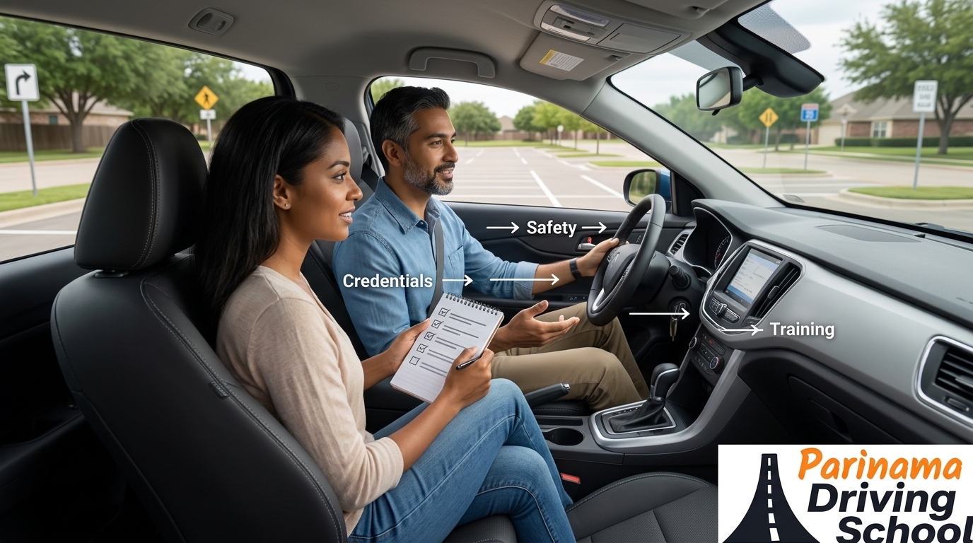 A driving instructor discussing essential questions with a student in a car
