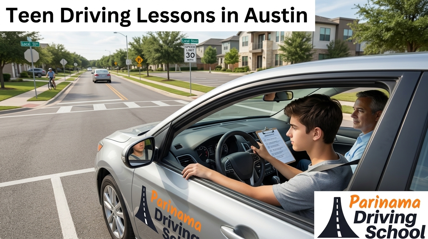 A teenager practicing driving skills with an instructor in Austin