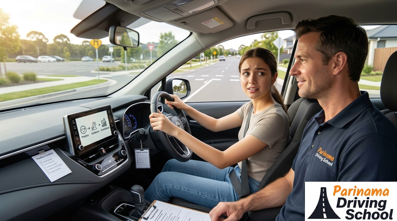 A new driver practicing behind the wheel with a driving instructor for confidence.