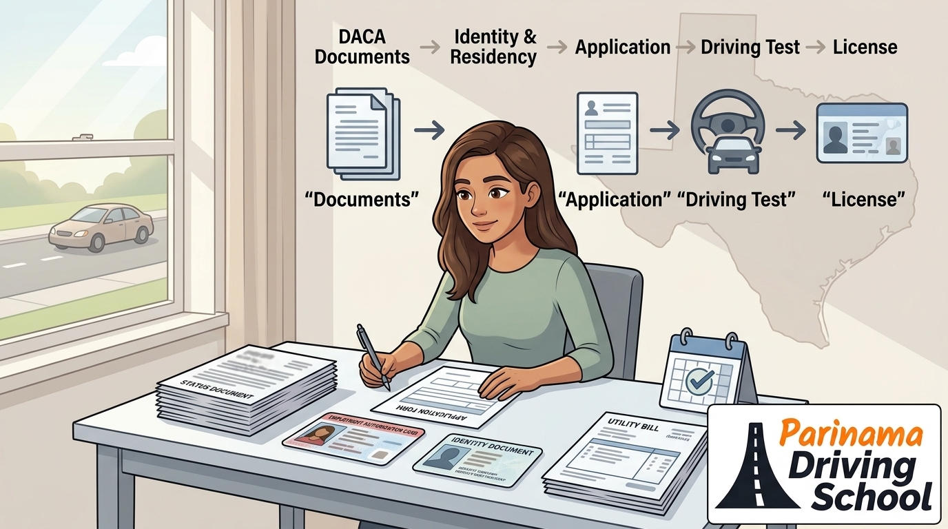 A DACA recipient happily holding a Texas driver's license outside a driving school