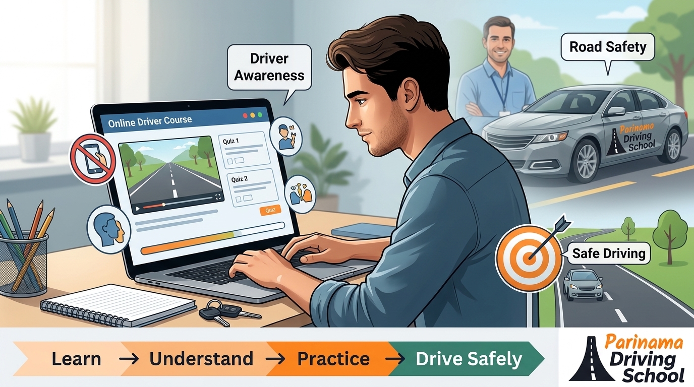 A student taking the Impact Texas Driver Course with a laptop and study materials.
