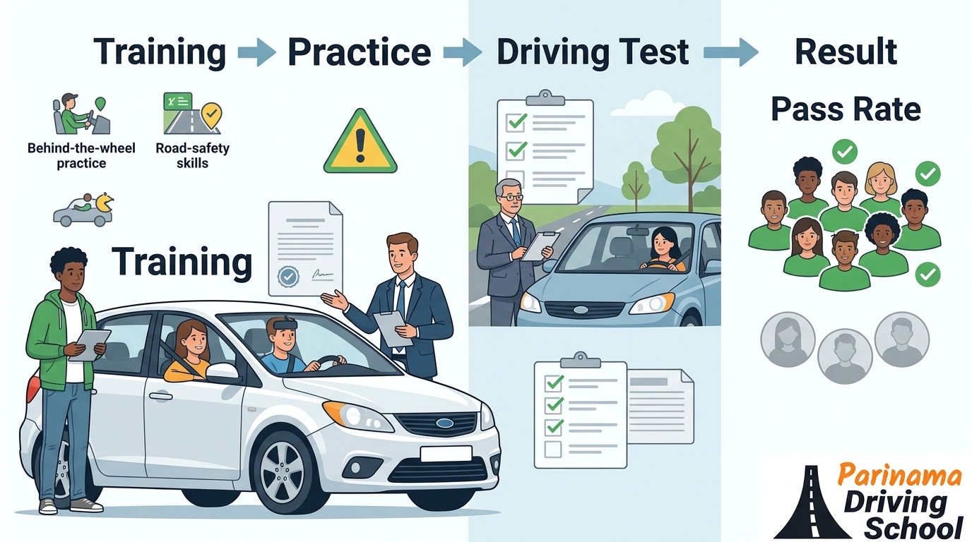 A graphic showing driving statistics and pass rates at a driving school.