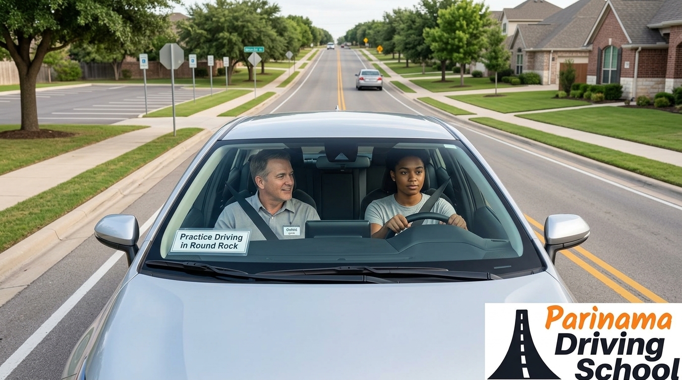 A learner driver practicing on a quiet road in Round Rock.