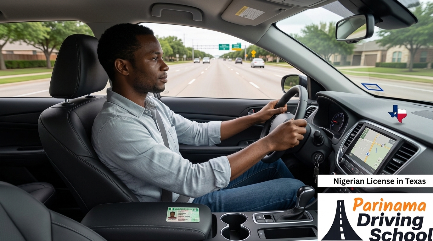 A person holding a Nigerian driving license while viewing a Texas road sign.