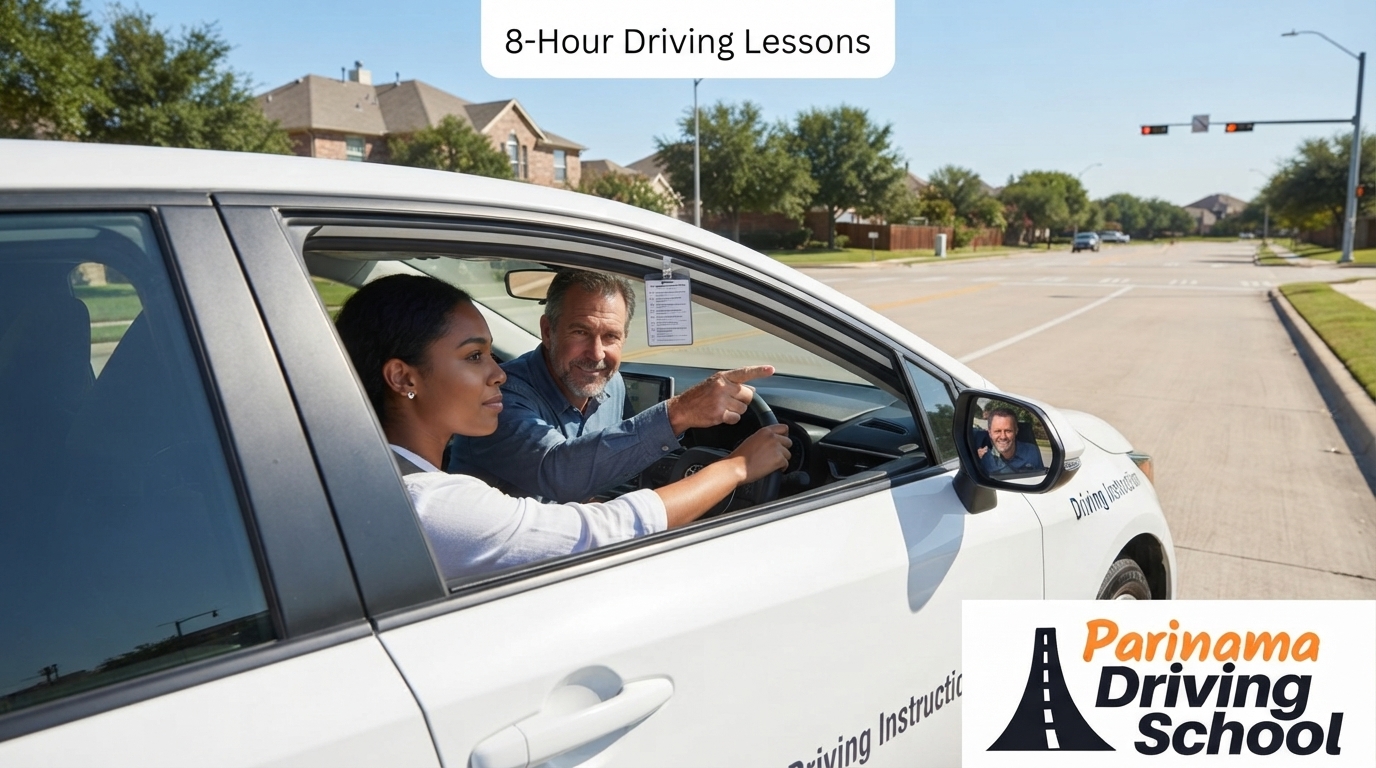 An instructor teaching a student during an 8 hour driving lesson in Texas