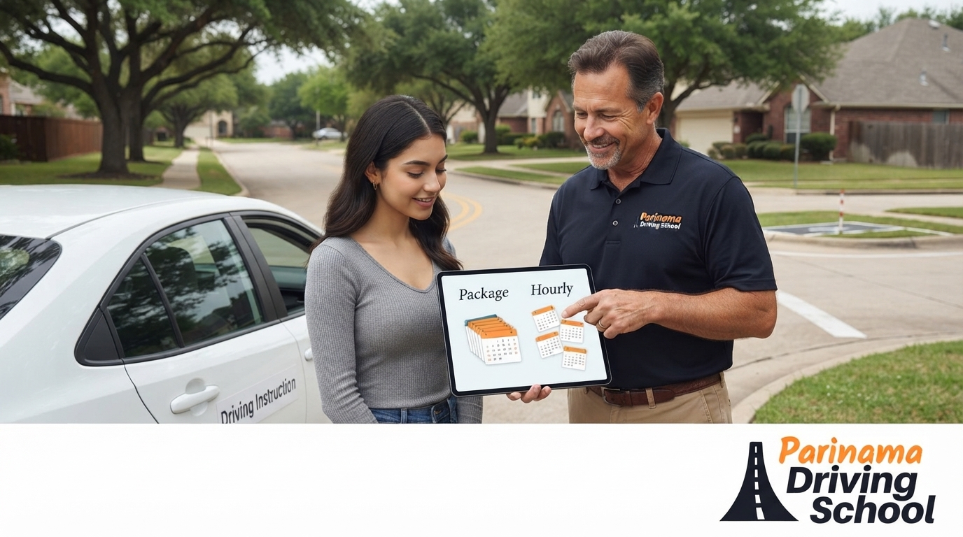 A driving instructor explaining lesson options to a student in a car.