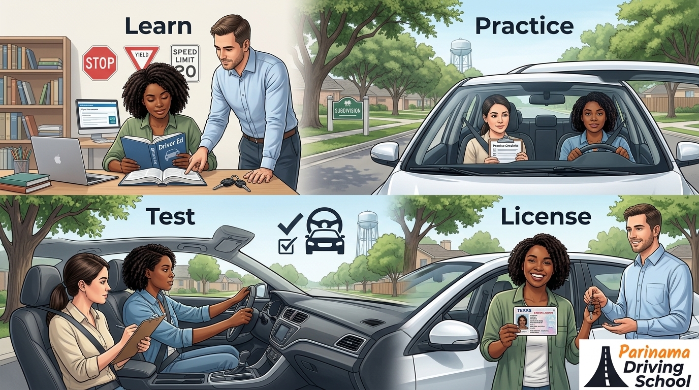 A new driver at Parinama Driving School learning to drive in Texas.