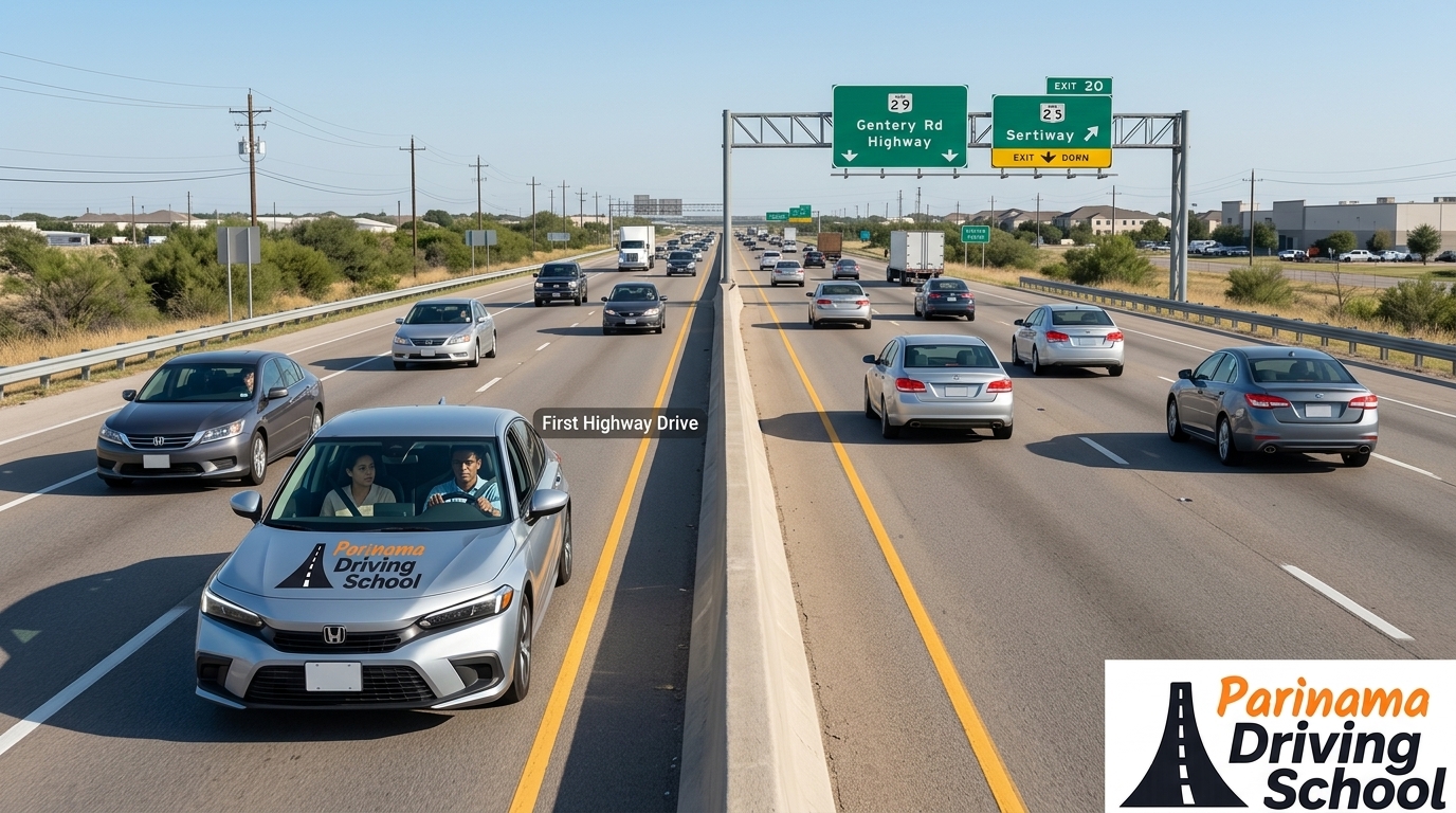 A beginner driver nervously approaches the highway entrance for the first time.