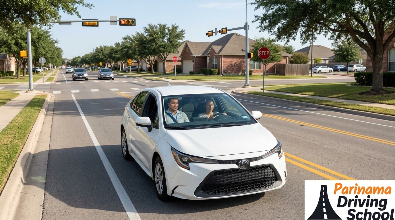 A student preparing for the Pflugerville DPS road test at Parinama Driving School.