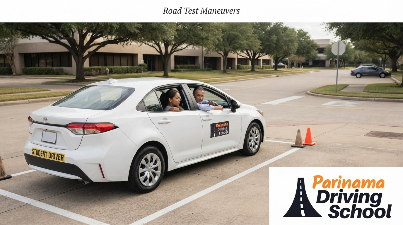An instructor teaching a student to parallel park in a driving school vehicle