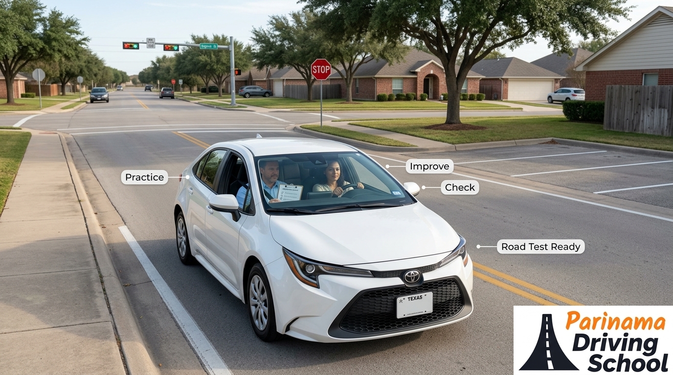 A student practicing driving on a test route with an instructor.