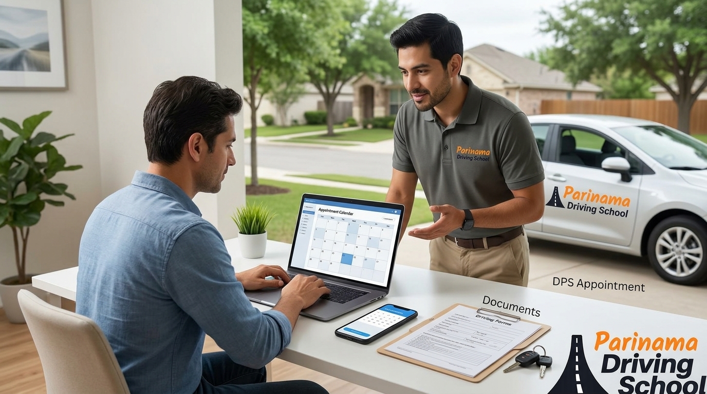 A person scheduling a driving test appointment at the San Antonio South DPS office.