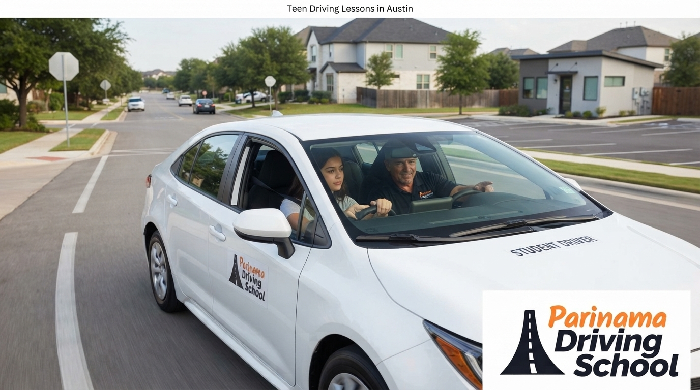 A young driver practicing behind the wheel during a driving lesson in Austin
