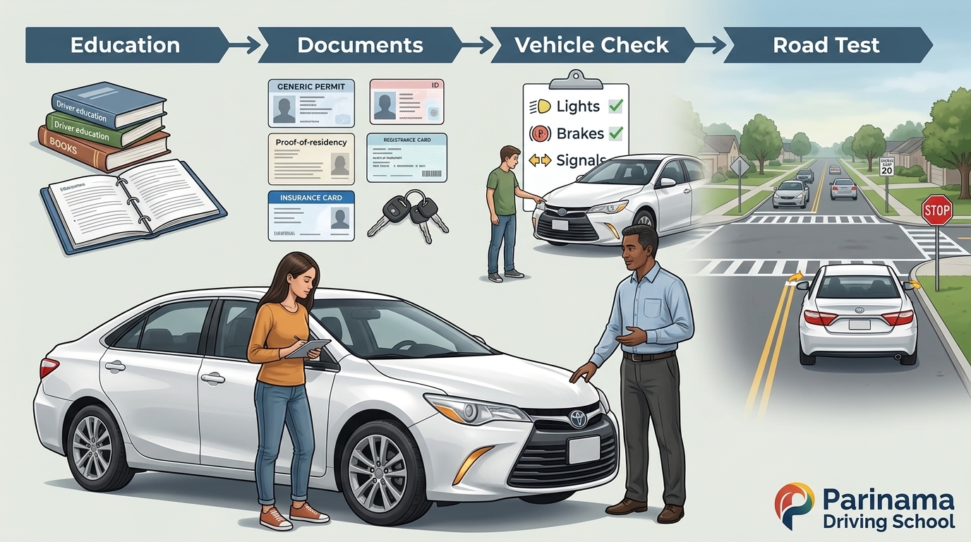 An illustration of a student preparing for a Texas road test in a driving school setting.