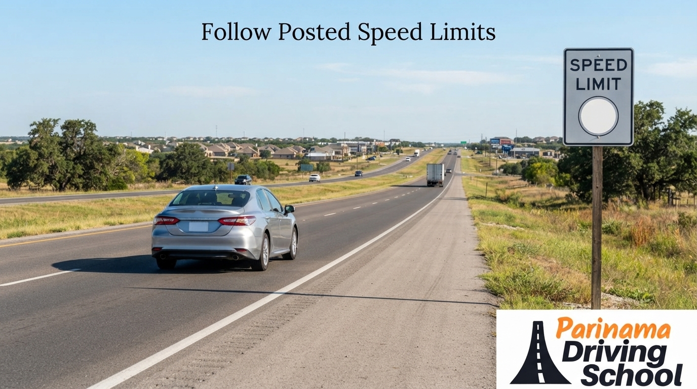 Illustration of Texas road signs indicating speed limits.