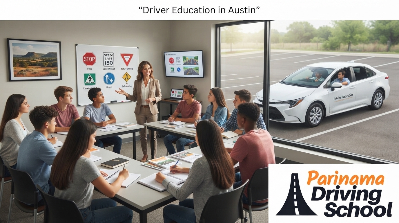 A happy student receiving their driver's license at Parinama Driving School in Austin.