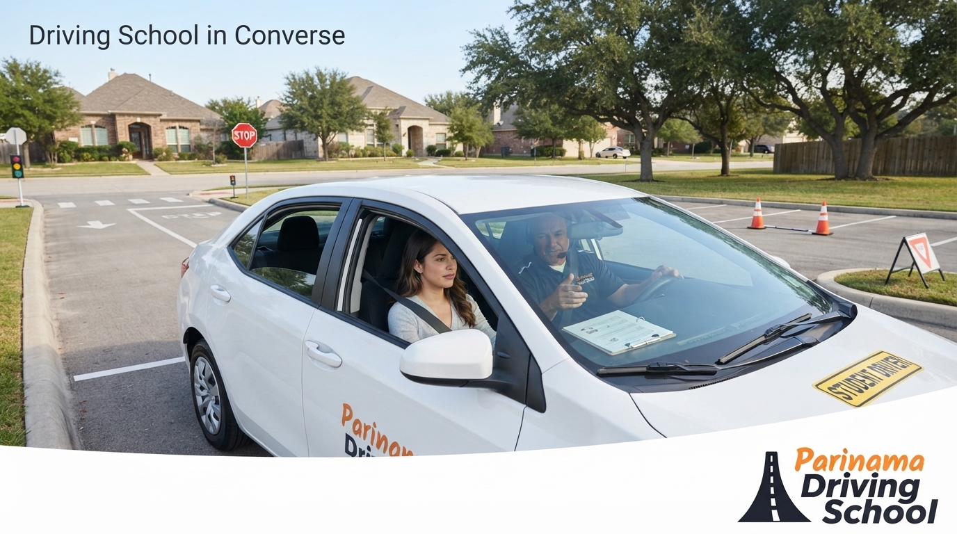 A driving instructor guiding a student in a car during a lesson.