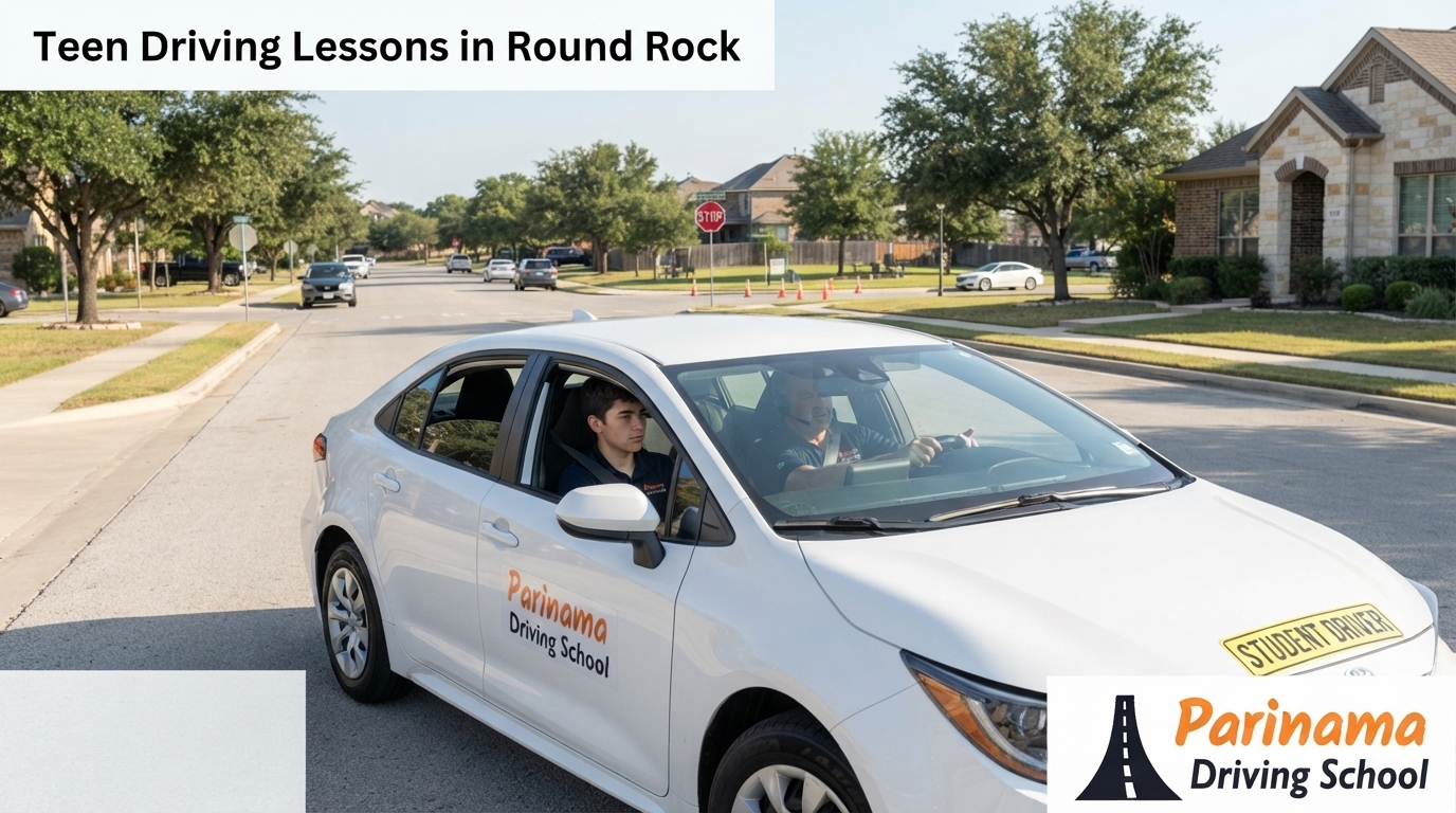 A teen practicing driving with an instructor in a safe environment.