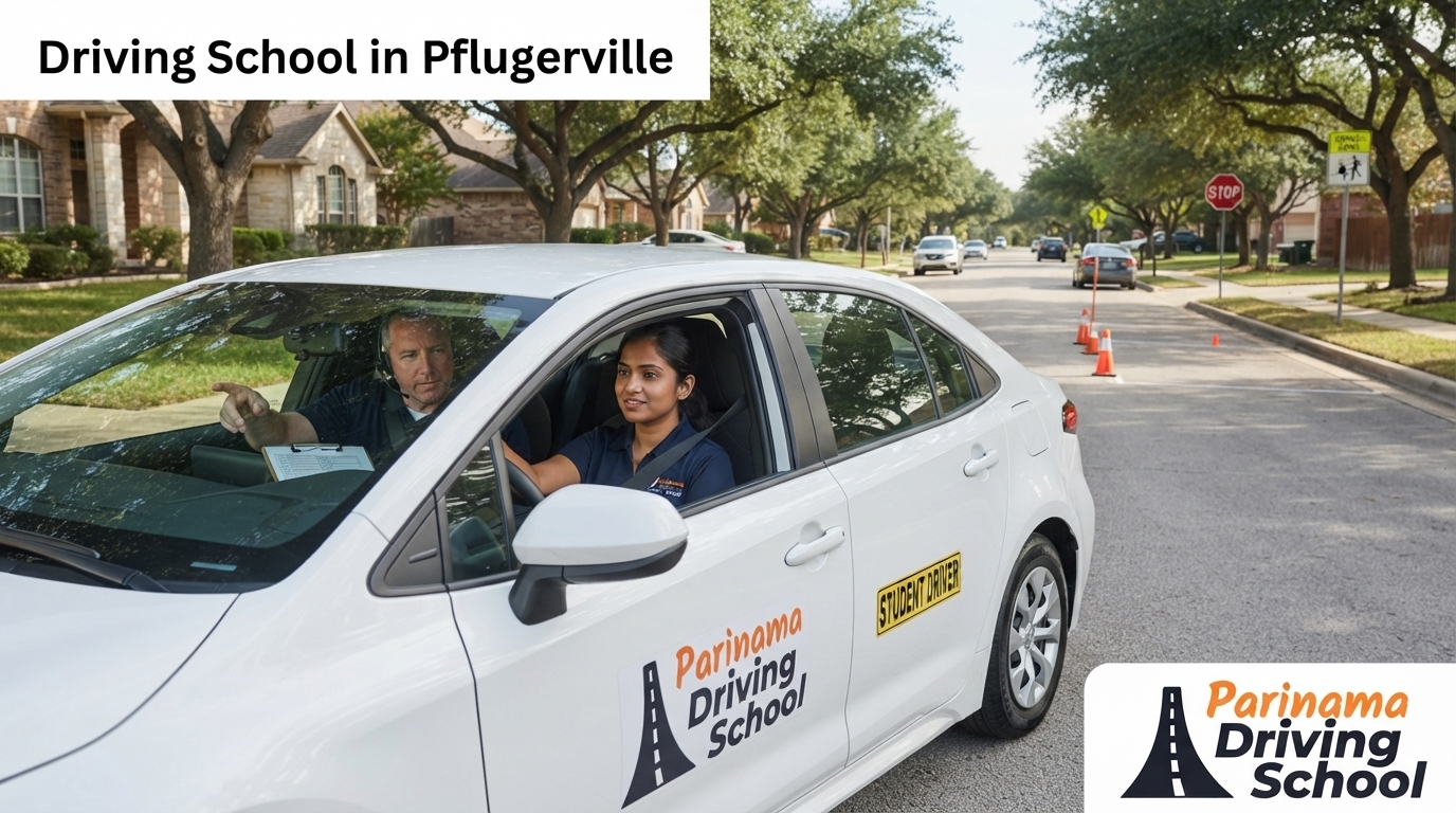 A student driving with an instructor from Parinama Driving School in Pflugerville