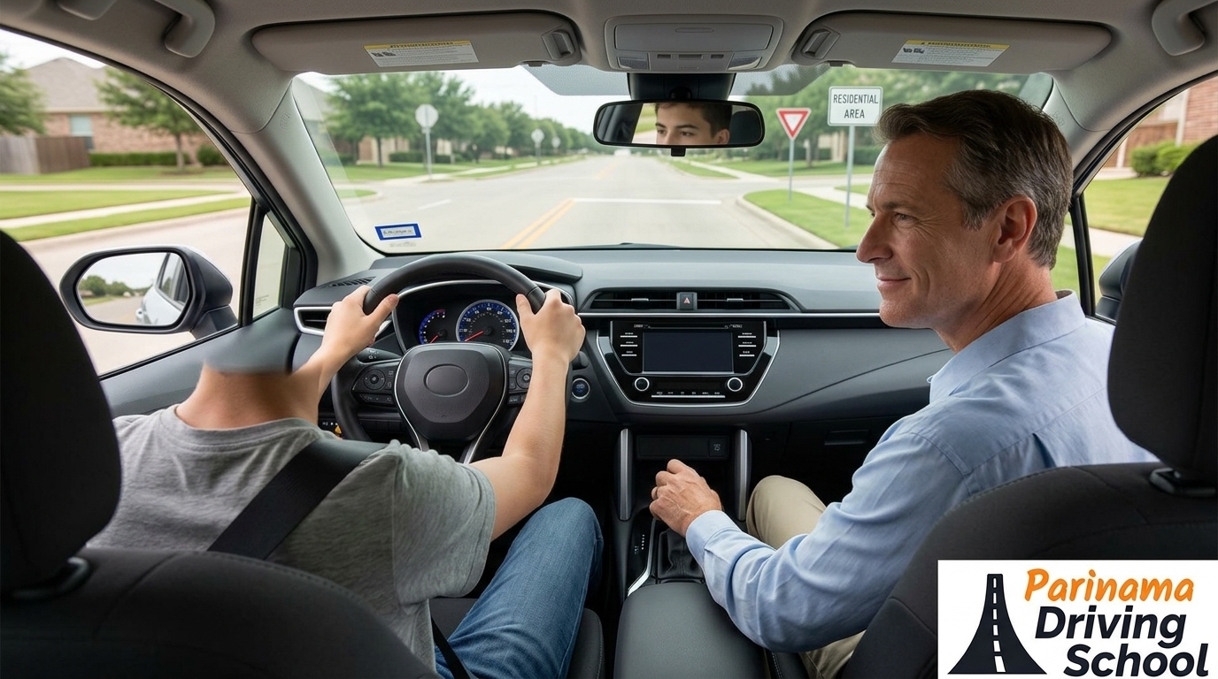 Teenager taking driving lessons at Parinama Driving School, showcasing a driving instructor and student.