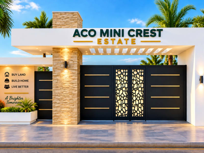 Modern entrance gate design for ACO Mini Crest Estate, ACO Estate, Lugbe, Abuja.