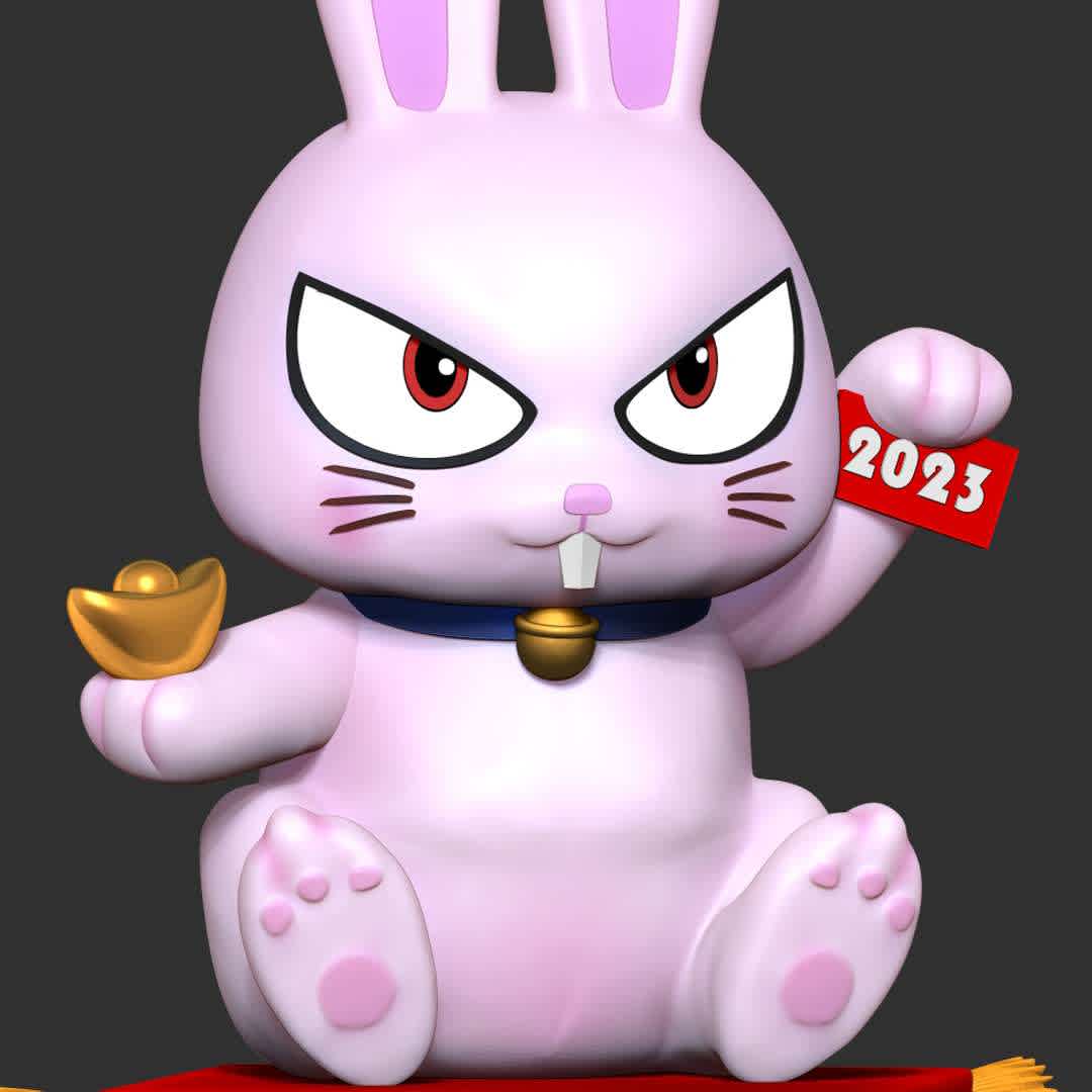 2023 Year of the Rabbit  - According to the lunar calendar of Asian countries, the year 2023 has the rabbit mascot.

Basic parameters:

- STL, OBJ format for 3D printing with 02 discrete objects
- ZTL format for Zbrush (version 2019.1.2 or later)
- Model height: 15cm
- Version 1.0 - Polygons: 720277 & Vertices: 491602

Model ready for 3D printing.

Please vote positively for me if you find this model useful. - The best files for 3D printing in the world. Stl models divided into parts to facilitate 3D printing. All kinds of characters, decoration, cosplay, prosthetics, pieces. Quality in 3D printing. Affordable 3D models. Low cost. Collective purchases of 3D files.