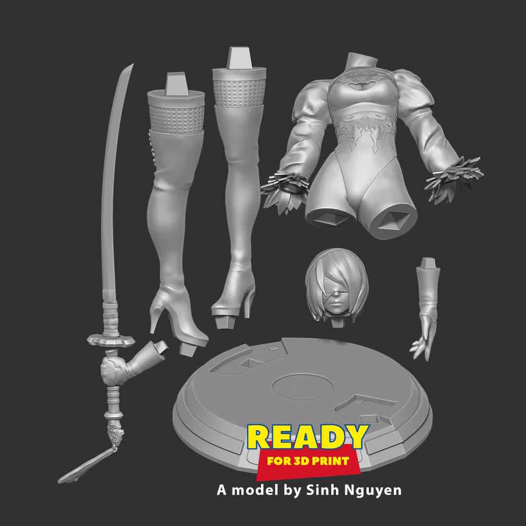 2B - Nier Automata new version - Even though I've made a lot of 2B models, I still get excited every time I make a new version of her.

Basic parameters:

- STL, OBJ format for 3D printing with 7 discrete objects
- ZTL format for Zbrush (version 2019.1.2 or later)
- Model height: 40cm
- Version 1.0 - Polygons: 2461828 & Vertices: 1343933

Model ready for 3D printing.

Please vote positively for me if you find this model useful. - The best files for 3D printing in the world. Stl models divided into parts to facilitate 3D printing. All kinds of characters, decoration, cosplay, prosthetics, pieces. Quality in 3D printing. Affordable 3D models. Low cost. Collective purchases of 3D files.