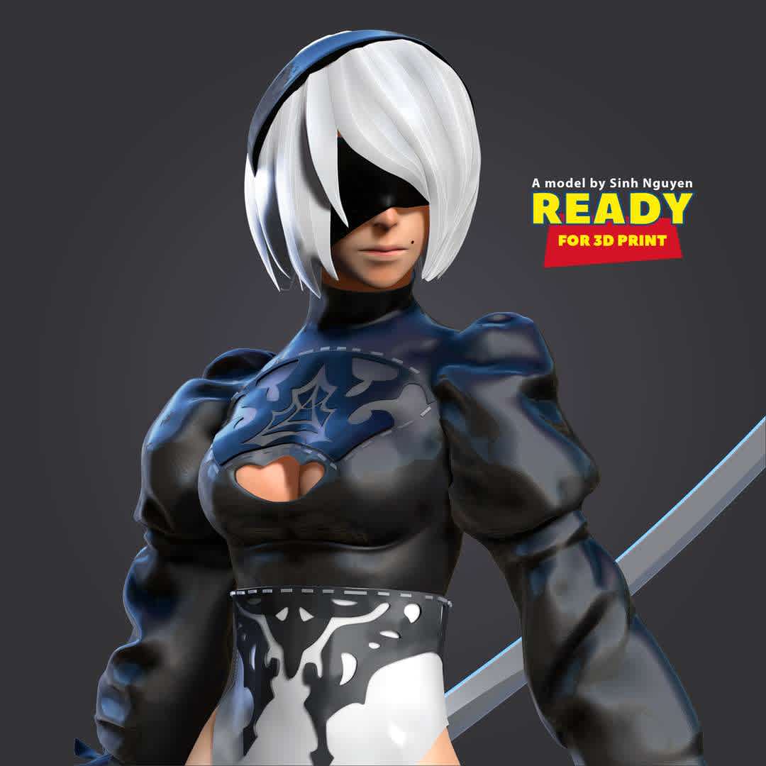 2B - Nier Automata new version - Even though I've made a lot of 2B models, I still get excited every time I make a new version of her.

Basic parameters:

- STL, OBJ format for 3D printing with 7 discrete objects
- ZTL format for Zbrush (version 2019.1.2 or later)
- Model height: 40cm
- Version 1.0 - Polygons: 2461828 & Vertices: 1343933

Model ready for 3D printing.

Please vote positively for me if you find this model useful. - The best files for 3D printing in the world. Stl models divided into parts to facilitate 3D printing. All kinds of characters, decoration, cosplay, prosthetics, pieces. Quality in 3D printing. Affordable 3D models. Low cost. Collective purchases of 3D files.