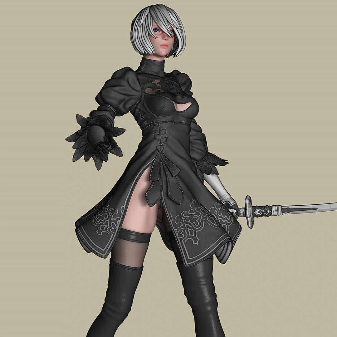 2B-Nier Automata (YoRHa No.2 Type B) - 2B Statue for 3D Printing.
Comes with various interchangeable parts, such as: 2 different heads and 2 different clothing options.
Also it comes with 2B's signature sword, Virtuous Contract.
The height is about 40 cm (15.7 inches)
All the clothes and accesories have a high level of detail and are textured as fabric, leather, plastic, steel, etc.

 - The best files for 3D printing in the world. Stl models divided into parts to facilitate 3D printing. All kinds of characters, decoration, cosplay, prosthetics, pieces. Quality in 3D printing. Affordable 3D models. Low cost. Collective purchases of 3D files.