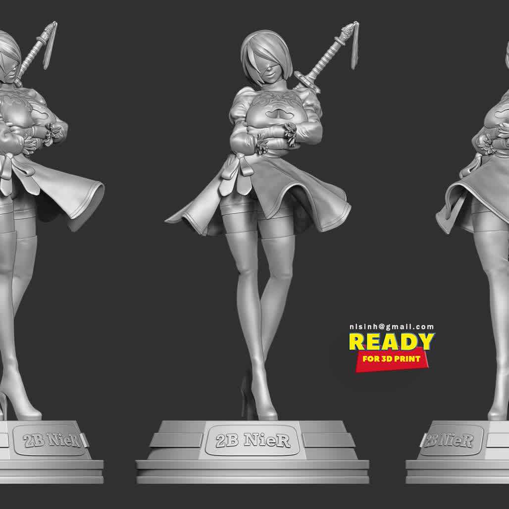 I am Nier 2B  - You will have 2 versions to choose: Head with or without eye ribbon.

When you purchase this model, you will own:

- STL, OBJ file with 06 separated files (with key to connect together) is ready for 3D printing.

- Zbrush original files (ZTL) for you to customize as you like.

This is version 1.0 of this model.

Hope you like her. Thanks for viewing! - The best files for 3D printing in the world. Stl models divided into parts to facilitate 3D printing. All kinds of characters, decoration, cosplay, prosthetics, pieces. Quality in 3D printing. Affordable 3D models. Low cost. Collective purchases of 3D files.