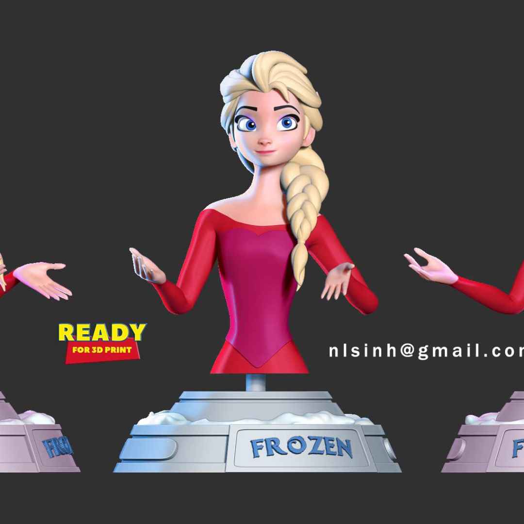 Elsa bust - > **Elsa: **Happy New Year! May our world have a new year 2021 filled with joy and happiness!

When purchasing this model, you will own:

**- STL file with 03 separated files (with key to connect together) is ready for 3D printing.**

Don't be shy, ask me questions if you have any questions.

Hope you like it. Thanks for viewing! - The best files for 3D printing in the world. Stl models divided into parts to facilitate 3D printing. All kinds of characters, decoration, cosplay, prosthetics, pieces. Quality in 3D printing. Affordable 3D models. Low cost. Collective purchases of 3D files.