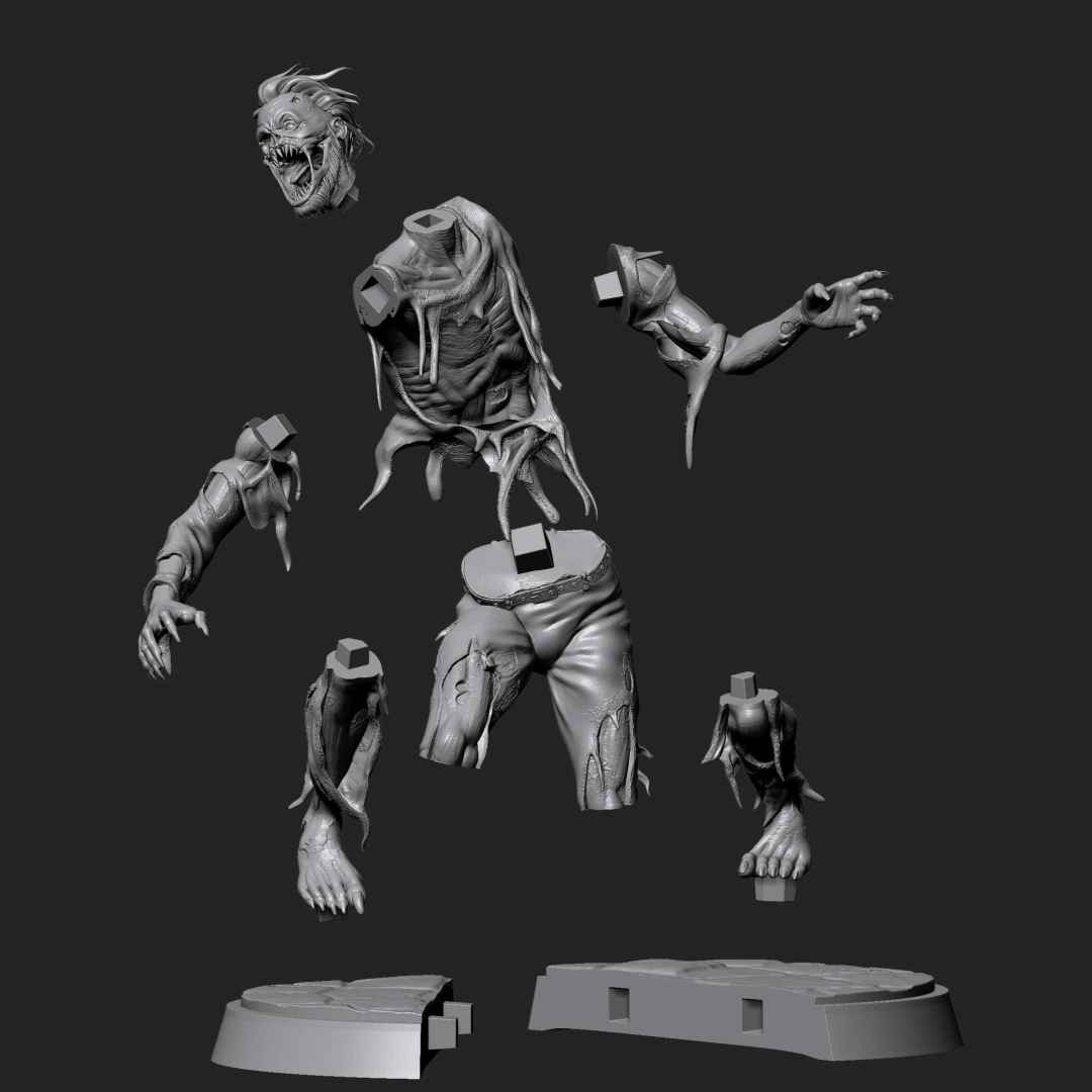 Zombie - Ready to print with cuts and plugs - The best files for 3D printing in the world. Stl models divided into parts to facilitate 3D printing. All kinds of characters, decoration, cosplay, prosthetics, pieces. Quality in 3D printing. Affordable 3D models. Low cost. Collective purchases of 3D files.