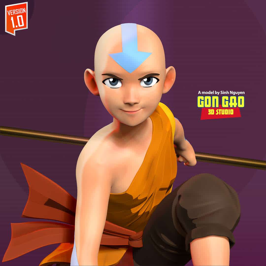 Aang - Avatar Fanart  - "Aang is an incarnation of the Avatar, the spirit of light and peace manifested in human form."

Basic parameters:

- STL format for 3D printing with 05 discrete objects
- Model height: 18cm
- Version 1.0: Polygons: 2043123 & Vertices: 1086328

Model ready for 3D printing.

Please vote positively for me if you find this model useful. - The best files for 3D printing in the world. Stl models divided into parts to facilitate 3D printing. All kinds of characters, decoration, cosplay, prosthetics, pieces. Quality in 3D printing. Affordable 3D models. Low cost. Collective purchases of 3D files.