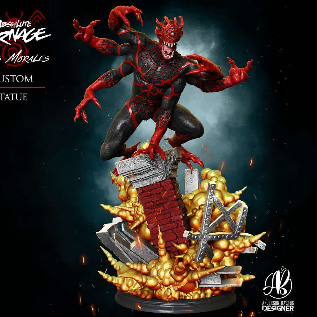 Absolute Carnage - Miles Morales - Absolute Carnage showed Miles Morales being infected by the Carnage symbiote. Released as would be the terrifying look of the character.
Still wearing his black and red attire, he now carries six arms and presents an appearance that bears little resemblance to the traditional look of symbiotes. In the new statue, Anderson Bastos' art shows something more restrained and very reminiscent of Miles' costume, but still quite scary.

The model measures 300mm and is cut into several parts for a better impression.

This STL and the resulting printout are for the purchaser's personal use only, and you are not permitted to modify, share or resell my work (Digital or Physical). Please support the artist and his works. - Los mejores archivos para impresión 3D del mundo. Modelos Stl divididos en partes para facilitar la impresión 3D. Todo tipo de personajes, decoración, cosplay, prótesis, piezas. Calidad en impresión 3D. Modelos 3D asequibles. Bajo costo. Compras colectivas de archivos 3D.