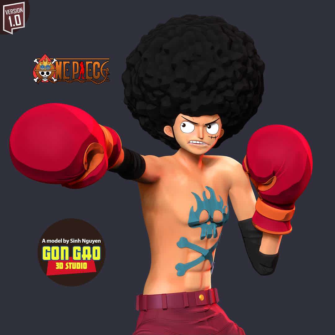 Afro Luffy - One Piece Fanart - "Luffy is wearing the afro because he was convinced by Usopp that it would make his punch stronger."

Basic parameters:

- STL format for 3D printing with 04 discrete objects
- Model height: 30cm
- Version 1.0: Polygons: 2974116 & Vertices: 1506110

Model ready for 3D printing.

Please vote positively for me if you find this model useful. - The best files for 3D printing in the world. Stl models divided into parts to facilitate 3D printing. All kinds of characters, decoration, cosplay, prosthetics, pieces. Quality in 3D printing. Affordable 3D models. Low cost. Collective purchases of 3D files.